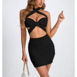 Hollow Out Solid Color Halterneck Mini Dress YMYF-9320
