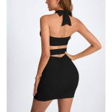 Hollow Out Solid Color Halterneck Mini Dress YMYF-9320