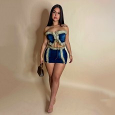 Plush Patchwork Bustier Tops And Skirts Denim 2 Piece Set YRST-T034