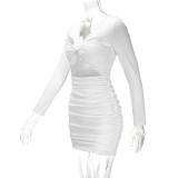 Solid Color Pleated Hollow Out Mini Dress YMYF-9238