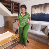 Stripe Print Short Sleeve Pants Loose Suit LS-0414