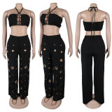 Sexy Holes Halterneck Two Piece Pants Set GTYZ-7436