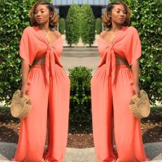 Solid Color Tie Up Wide Leg Pants Two Piece Set GTYZ-7003
