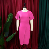 Plus Size Flare Sleeve Solid Color Midi Dress GCZF-8423