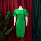 Plus Size Flare Sleeve Solid Color Midi Dress GCZF-8423