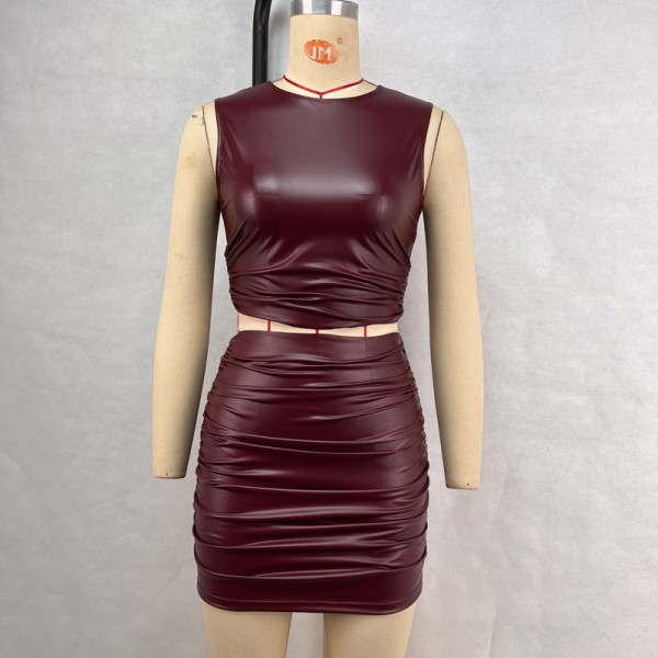 PU Leather Sleeveless Pleated Two Piece Skirts Set GPBY-17153