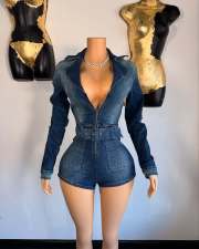 Solid Color Zipper Tie Up Denim Romper MEM-88625
