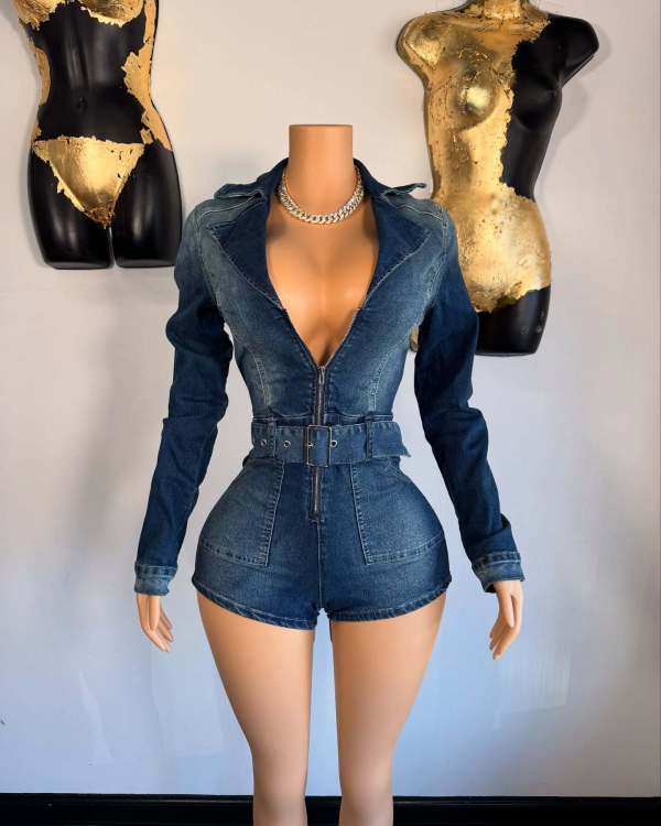 Solid Color Zipper Tie Up Denim Romper MEM-88625