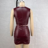 PU Leather Sleeveless Pleated Two Piece Skirts Set GPBY-17153