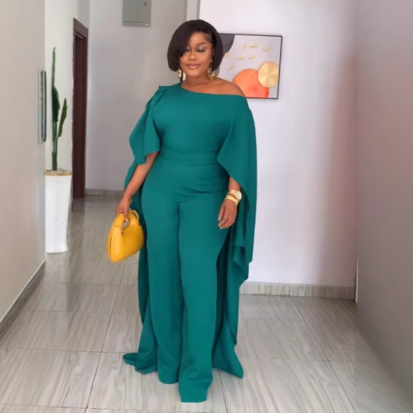 Plus Size Solid Color Cloak Wide Leg Jumpsuit NY-10985