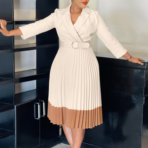 Plus Size Color Block Press Pleated Midi Dress GMLF-3318