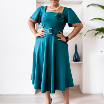 Plus Size Square Neck Solid Corsage High Waist Midi Dress GATE-568