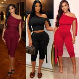Slash Shoulder Tie Up Solid Two Piece Suit FOSF-8802