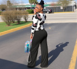 Print Off Shoulder Long Sleeve Top Pants Suit FSXF-753