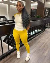 Casual Color Block Yoga Spor Short Sleeve Pants Suit MEM-88628