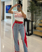 Denim Print Contrast Color Casual Pants QXLB-10117