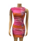 Sleeveless Pleated Print Mini Dress GADE-5754