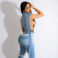 High Collar sleeveless Denim Short Vest GFRT-9189TD