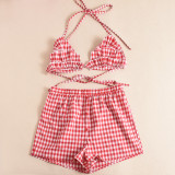 Sexy Plaid Print Backless Tie Up Shorts Suit GFRT-41439SHG