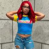 Letter Print Contrast Color Crop Tops MXBF-K24TP474