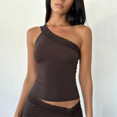 Solid Color Slash Shoulder Lace Patchwork Tops FL-ZX24441PFO