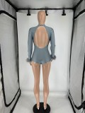 Feather Splicing Long Sleeve Backless Romper QXLB-10099