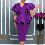 Plus Size Ruffle Solid Color Slim Fit Gown Dress GATE-569