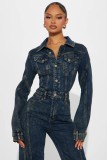 Washed Long Sleeve Patchwork Denim Jumpsuit LX-6039