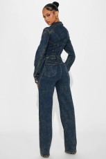 Washed Long Sleeve Patchwork Denim Jumpsuit LX-6039