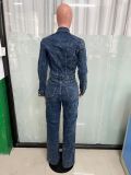 Washed Long Sleeve Patchwork Denim Jumpsuit LX-6039