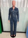 Washed Long Sleeve Patchwork Denim Jumpsuit LX-6039