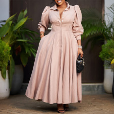 Plus Size Solid Color Long Sleeve Shirt Dress GATE-570