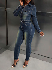 Long Sleeve Single Breasted Denim Jumpsuit LX-6040