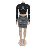 Long Sleeve Hot Drill Two Piece Skirts Set BY-7128