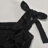 Sexy Flocked Single Shoulder Tie Up Skirt Suit GNZD-51075SHD