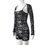 Lace Long Sleeve Hollow Out Sling Romper 2 Piece Set GNZD-51457JHD