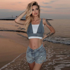 Wash Sexy Vest Back Button Denim Top GNZD-51071THD