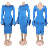 Plus Size Hot Drill Backelss Long Sleeve Midi Dress NY-3397