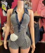 Lapel Sleeveless Denim Romper MEM-88630