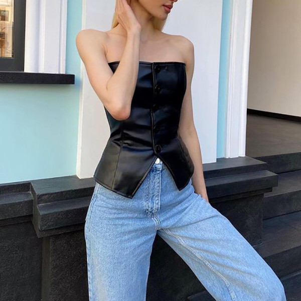 Single-breasted PU Leather Wrap Chest Top GPBY-1451