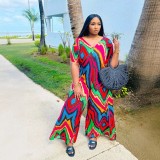Contrast Color Print Loose Wide Lege Jumpsuit SFY-644
