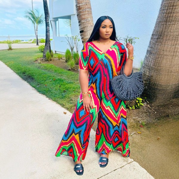 Contrast Color Print Loose Wide Lege Jumpsuit SFY-644