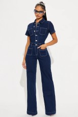 Fashion Denim Short Sleeve Wide Leg Jumpsuit LX-6042