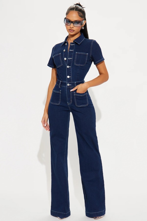 Fashion Denim Short Sleeve Wide Leg Jumpsuit LX-6042