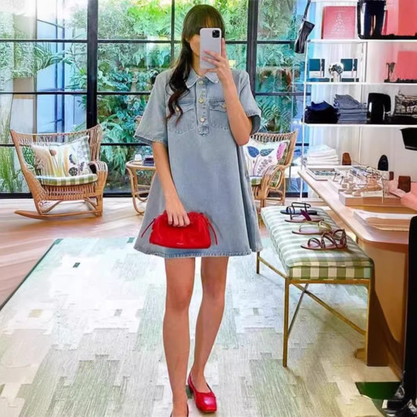 Washed Short Sleeve Denim Loose Mini Dress GLYK-LX053