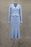 Ruffles V Neck Little Fishtail Skirt Two Piece Set GLYK-LX0100