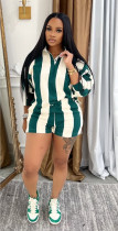 Stripe Lapel Tops Shorts Two Piece Set QOUY-M6056