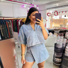 POLO Short Sleeve Shirt Skirt Denim 2 Piece Set GLYK-LX044