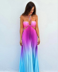 Gradient Color Halterneck Pleated Maxi Dress GLYK-LX078