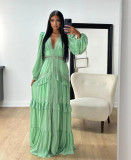 Patchwork Long Sleeve V Neck Maxi Dress GLYK-LX067